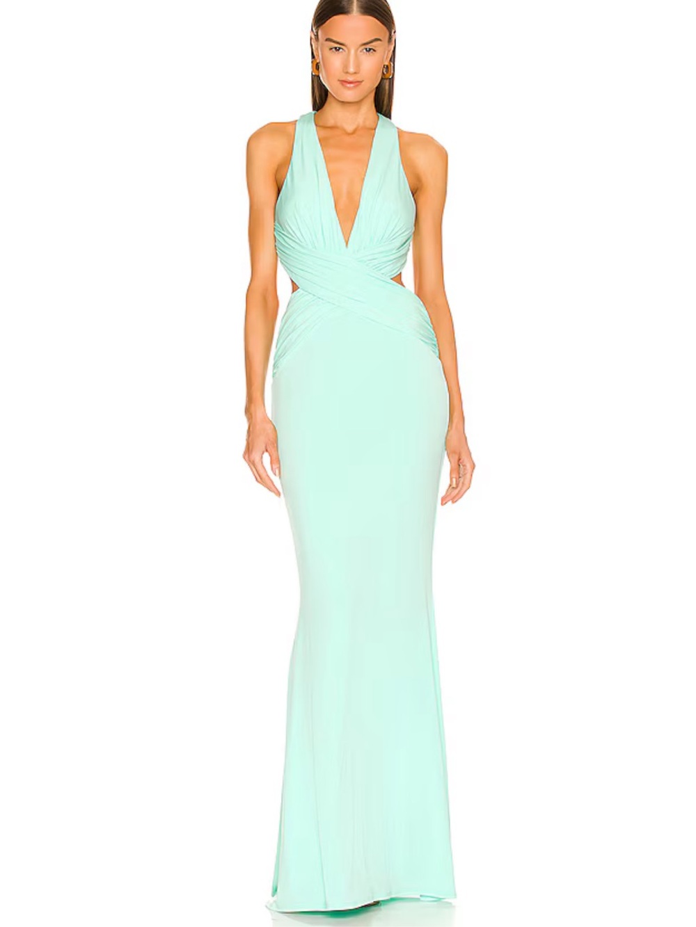 Sleeveless Mint Plunge Halter Evening Gown